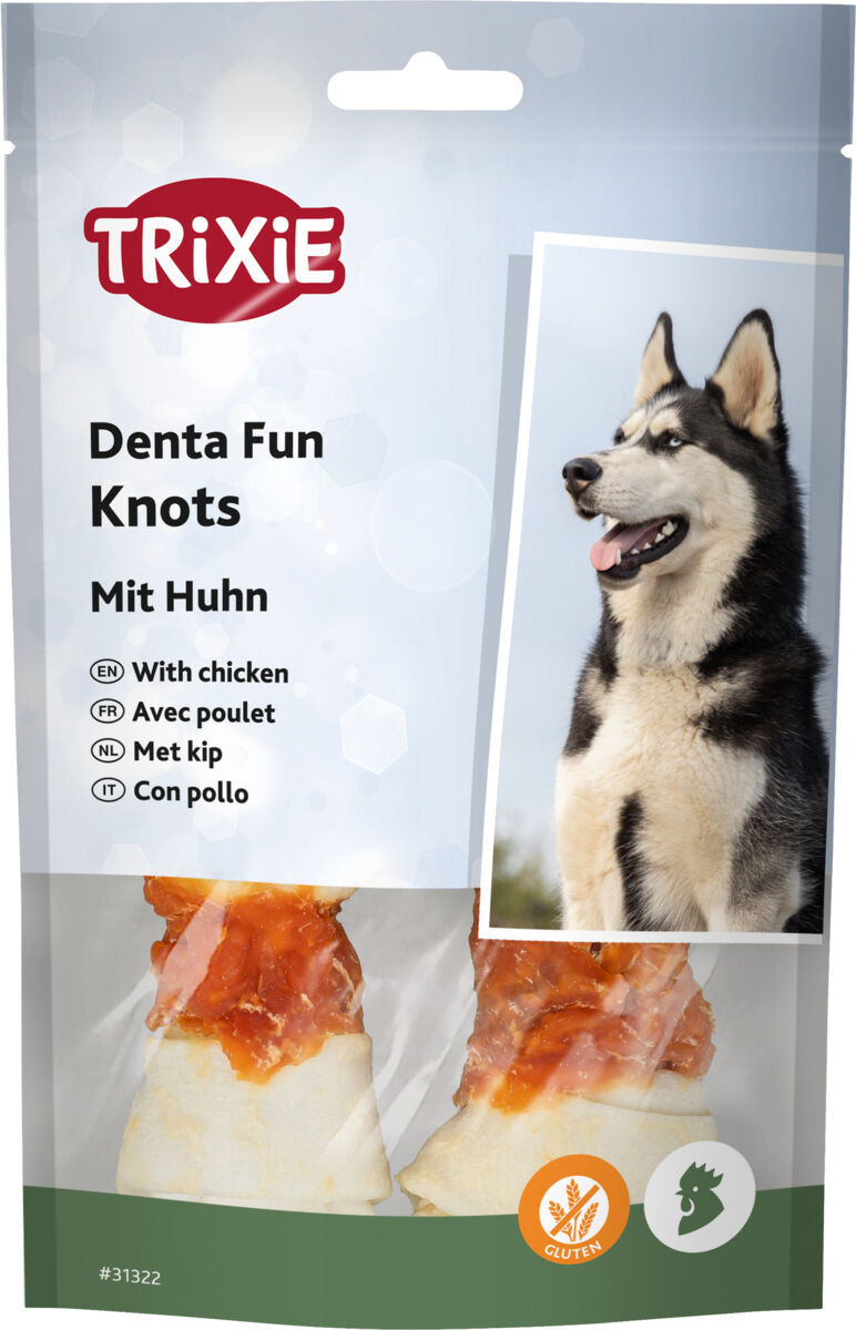 Verpackung von Trixie Denta Fun Knots mit Huhn, Abbildung eines Hundes, glutenfrei, mehrsprachige Beschriftung.