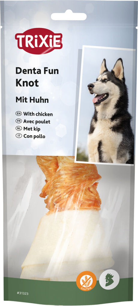 Verpackung mit Hundekauartikel aus Hühnchen, Markenname "Trixie" und Bild eines Hundes, mehrsprachige Beschriftung.