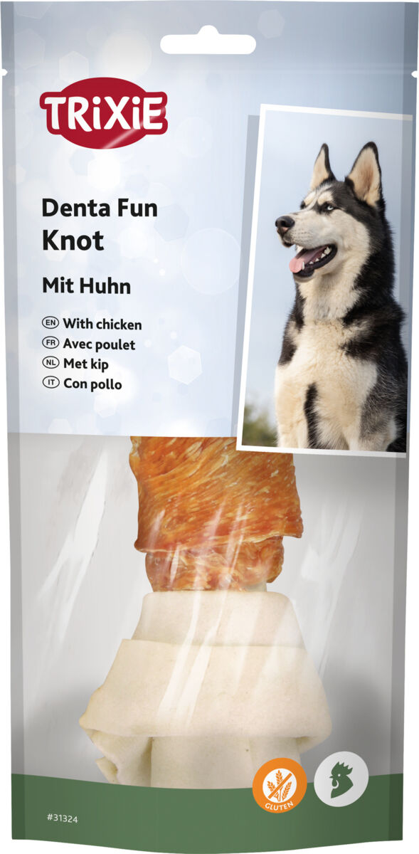 Verpackungsbild eines Hunde-Kauartikels mit Hühnergeschmack, Marke Trixie, zeigt Hund und Produktabbildung.