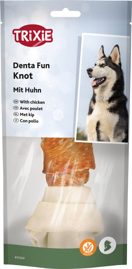 Verpackungsbild eines Hunde-Kauartikels mit Hühnergeschmack, Marke Trixie, zeigt Hund und Produktabbildung.