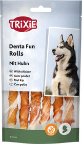 Verpackung von Hundeleckerli "Denta Fun Rolls" von TRIXIE mit Hühnchen, Bild von einem Hund, glutenfrei-Symbol.