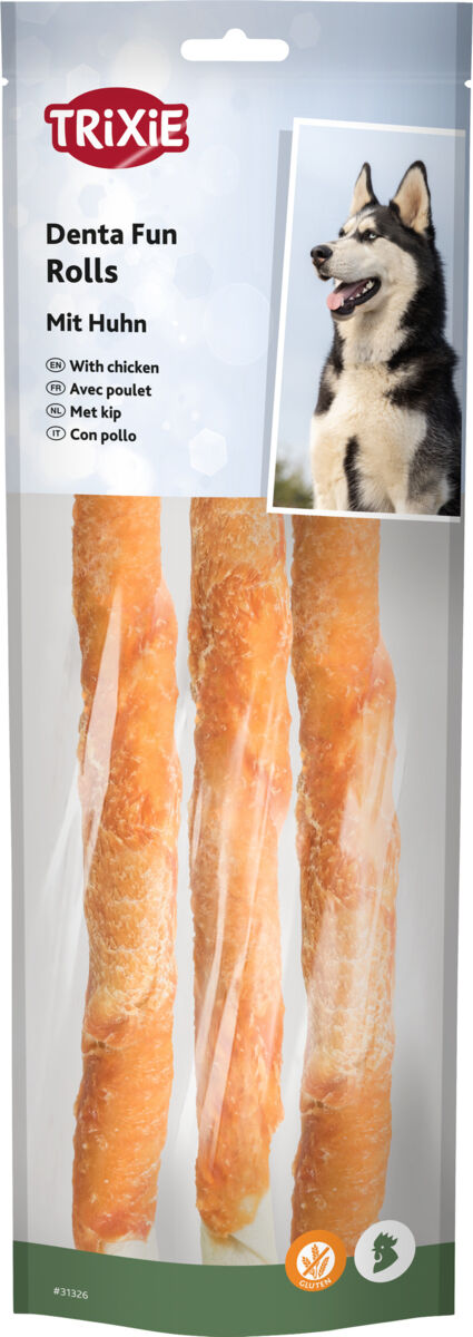 Verpackung von Trixie Denta Fun Rolls für Hunde mit Huhn, zeigt drei Röllchen und ein Bild eines Hundes.