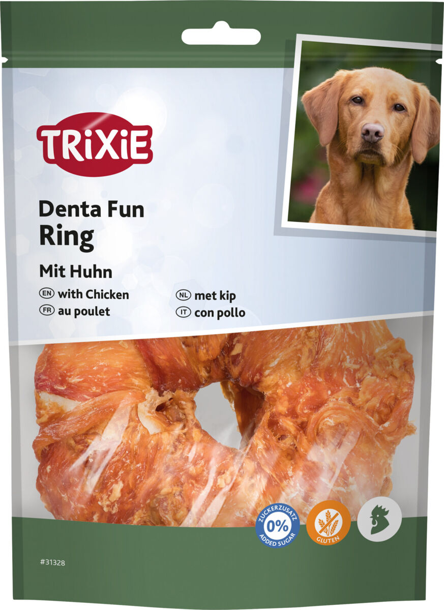 Hundeartikelverpackung mit Denta Fun Ring aus Huhn, Markenname TRIXIE, enthält Bild eines Hundes.