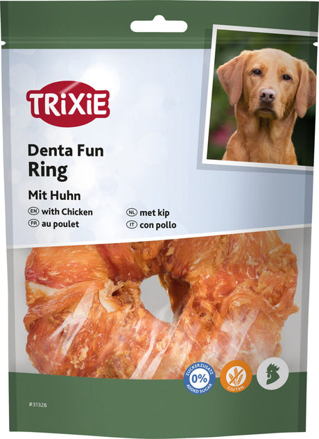Hundeartikelverpackung mit Denta Fun Ring aus Huhn, Markenname TRIXIE, enthält Bild eines Hundes.