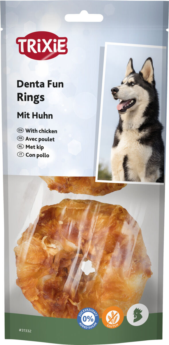 Verpackung von Trixie Denta Fun Rings mit Huhn, Bild eines Hundes und Text in mehreren Sprachen.