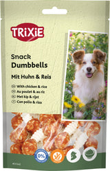 Verpackung von Trixie Snack Dumbbells mit Huhn und Reis, zeigt Hund in Blumenwiese, Aufschriften in mehreren Sprachen.