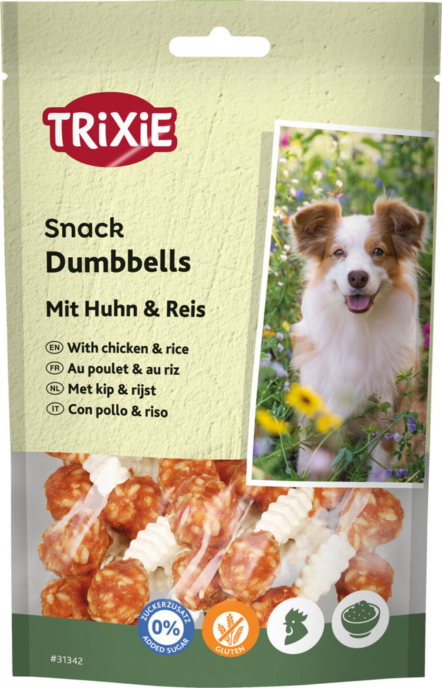 Verpackung von Trixie Snack Dumbbells mit Huhn und Reis, zeigt Hund in Blumenwiese, Aufschriften in mehreren Sprachen.