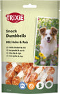 Verpackung von Trixie Snack Dumbbells mit Huhn und Reis, zeigt Hund in Blumenwiese, Aufschriften in mehreren Sprachen.