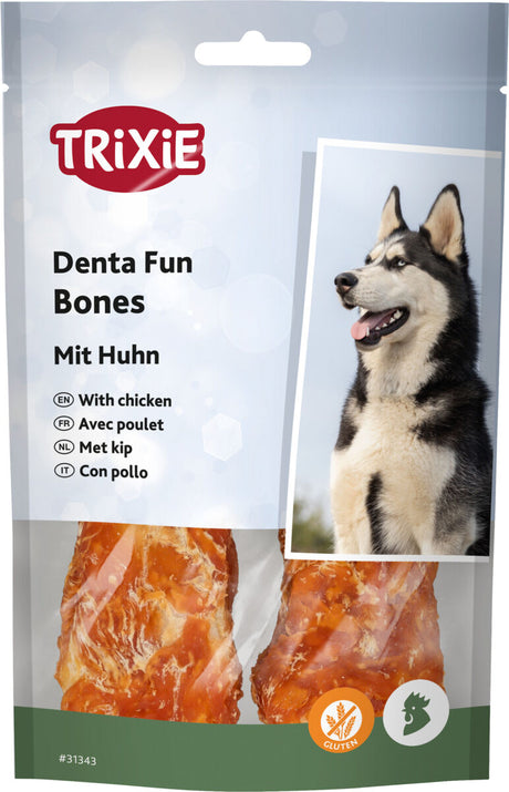 Verpackung von Hunde-Dentalsticks der Marke Trixie mit Huhn, Abbildung eines Hundes, gluteinfrei gekennzeichnet.