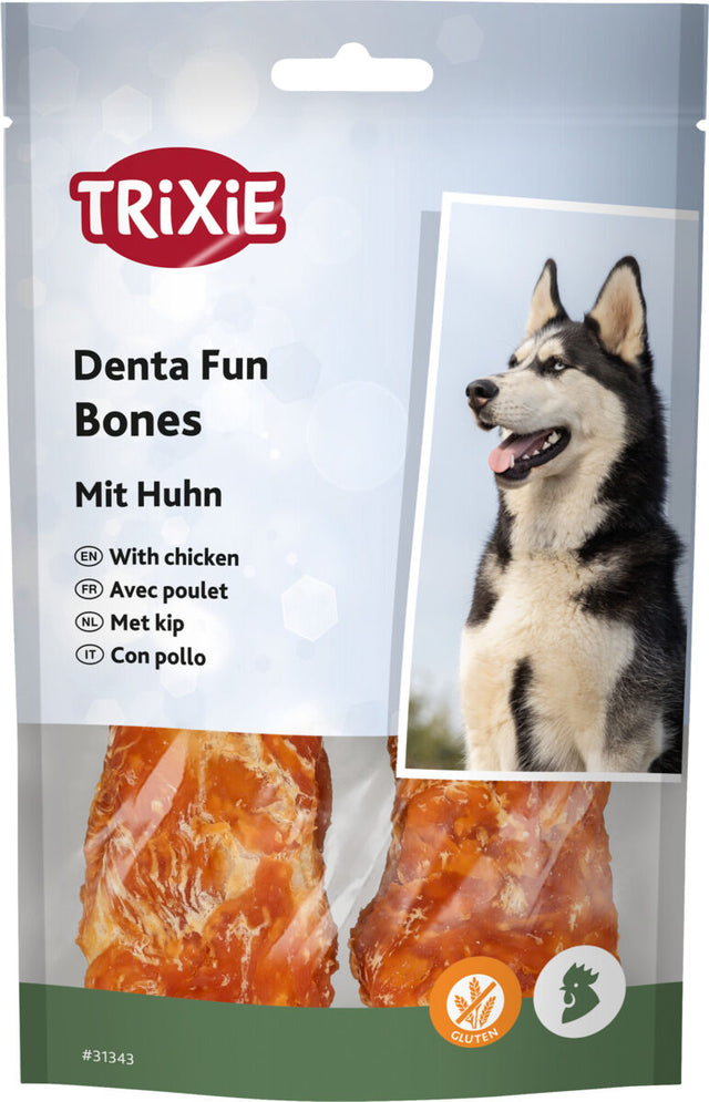 Verpackung von Hunde-Dentalsticks der Marke Trixie mit Huhn, Abbildung eines Hundes, gluteinfrei gekennzeichnet.