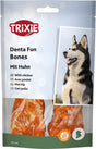Verpackung von Hunde-Dentalsticks der Marke Trixie mit Huhn, Abbildung eines Hundes, gluteinfrei gekennzeichnet.