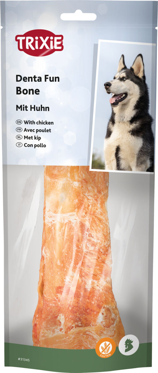 Verpackung eines Hundesnacks mit der Aufschrift "Denta Fun Bone mit Huhn" und Bild eines Hundes, glutenfrei.