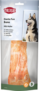 Verpackung eines Hundesnacks mit der Aufschrift "Denta Fun Bone mit Huhn" und Bild eines Hundes, glutenfrei.