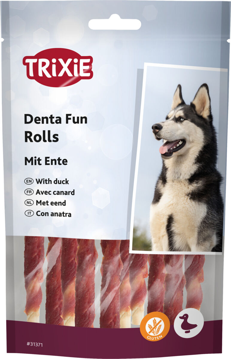 Verpackung von Trixie Denta Fun Rolls mit Ente, abgebildet sind gedrehte Sticks und ein Hund, glutenfrei.