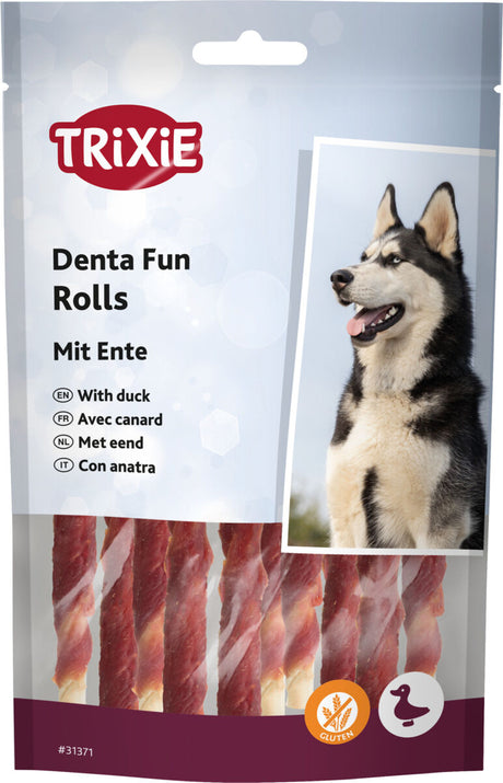Verpackung von Trixie Denta Fun Rolls mit Ente, abgebildet sind gedrehte Sticks und ein Hund, glutenfrei.