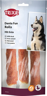 Verpackung von Trixie Denta Fun Rolls mit Ente, Bild eines Hundes, drei Kausnacks sichtbar.