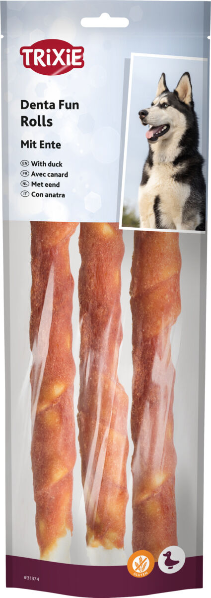 Verpackung mit drei gedrehten Hundesnacks von Trixie, Geschmacksrichtung Ente, Bild eines Hundes.