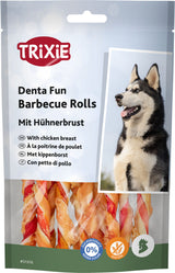 Verpackung von Trixie Denta Fun Barbecue Rolls mit Hühnerbrust, Bild eines Hundes, Text in mehreren Sprachen.