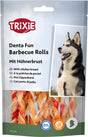 Verpackung von Trixie Denta Fun Barbecue Rolls mit Hühnerbrust, Bild eines Hundes, Text in mehreren Sprachen.