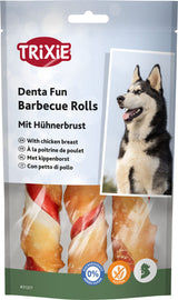 Verpackung von Trixie Denta Fun Barbecue Rolls mit Hühnerbrust für Hunde, Bild eines Hundes, diverse Sprachen und Symbole.