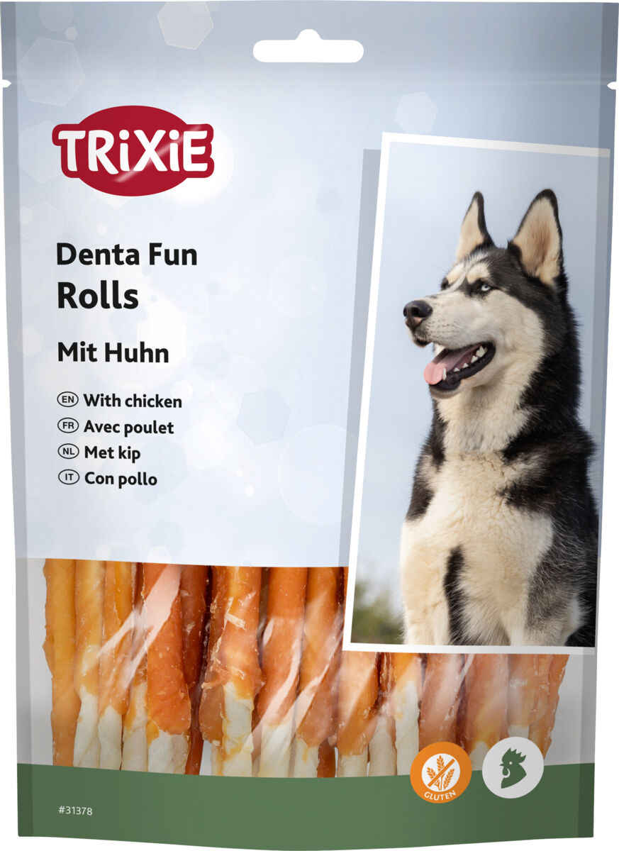 Verpackung von Denta Fun Rolls mit Huhn, Trixie-Logo, Bild eines Hundes, glutenfrei-Symbol, Text in mehreren Sprachen.