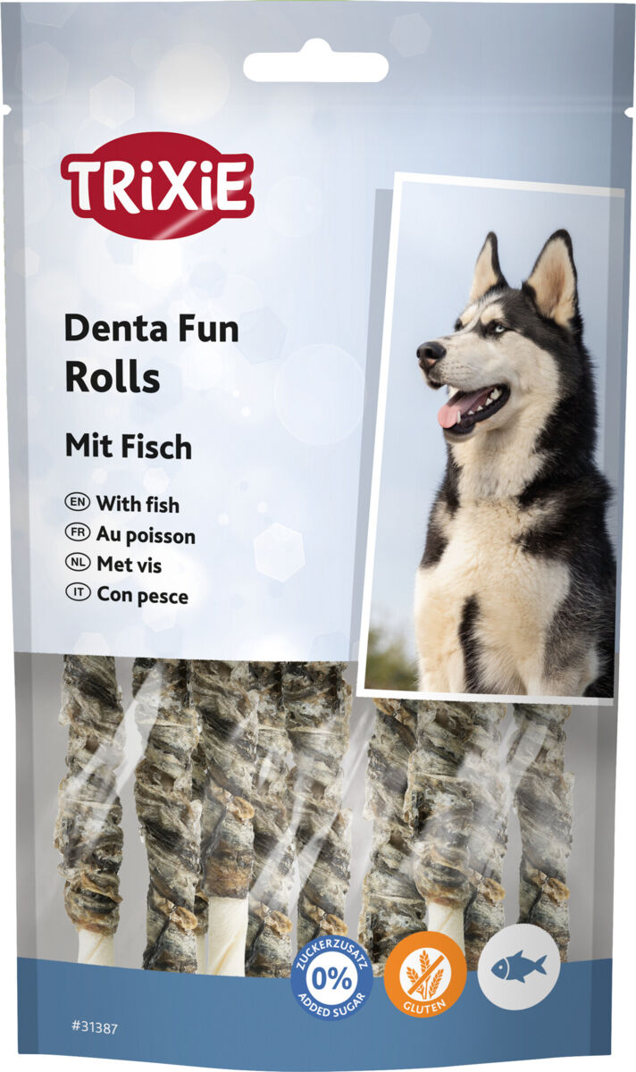 Verpackung von TRIXIE Denta Fun Rolls mit Fischgeschmack, ein Hund abgebildet, zuckerfrei und glutenfrei.