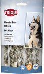 Verpackung von TRIXIE Denta Fun Rolls mit Fischgeschmack, ein Hund abgebildet, zuckerfrei und glutenfrei.
