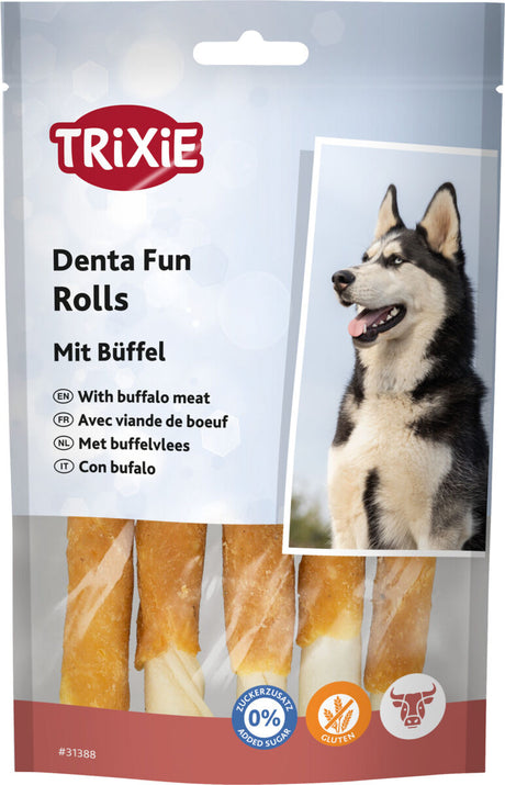 Verpackung mit Logo "Trixie", Aufschrift "Denta Fun Rolls Mit Büffel", vier Kauknochen, Bild eines Hundes.
