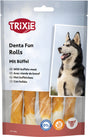 Verpackung mit Logo "Trixie", Aufschrift "Denta Fun Rolls Mit Büffel", vier Kauknochen, Bild eines Hundes.