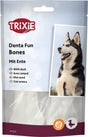 Verpackung von Trixie Denta Fun Bones mit Entengeschmack, zeigt Bild eines Hundes, glutenfrei-Symbol vorhanden.