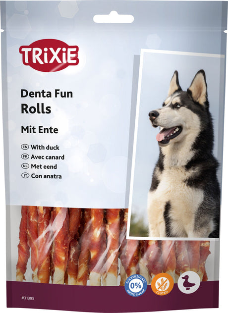 Verpackung von Trixie Denta Fun Rolls mit Ente für Hunde, ein Husky ist abgebildet, Text mehrsprachig.
