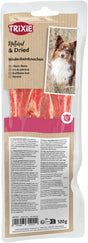 Verpackung mit getrocknetem Wadenbeinknochen als Hundefutter, Label zeigt Hund und Informationen in mehreren Sprachen.