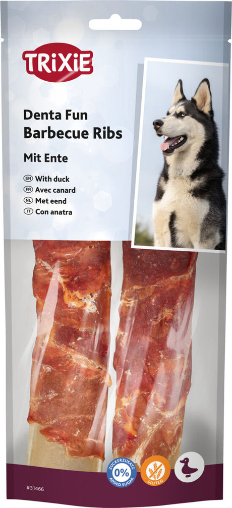 Verpackung mit roten Barbecue-Ribs für Hunde, Entengeschmack, diverse Sprachen, Husky-Bild, glutenfrei, ohne Zucker.