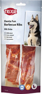 Verpackung mit roten Barbecue-Ribs für Hunde, Entengeschmack, diverse Sprachen, Husky-Bild, glutenfrei, ohne Zucker.