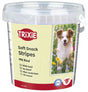 Behälter mit der Aufschrift "Trixie Soft Snack Stripes mit Rind" und einem Hundeabgebildet.
