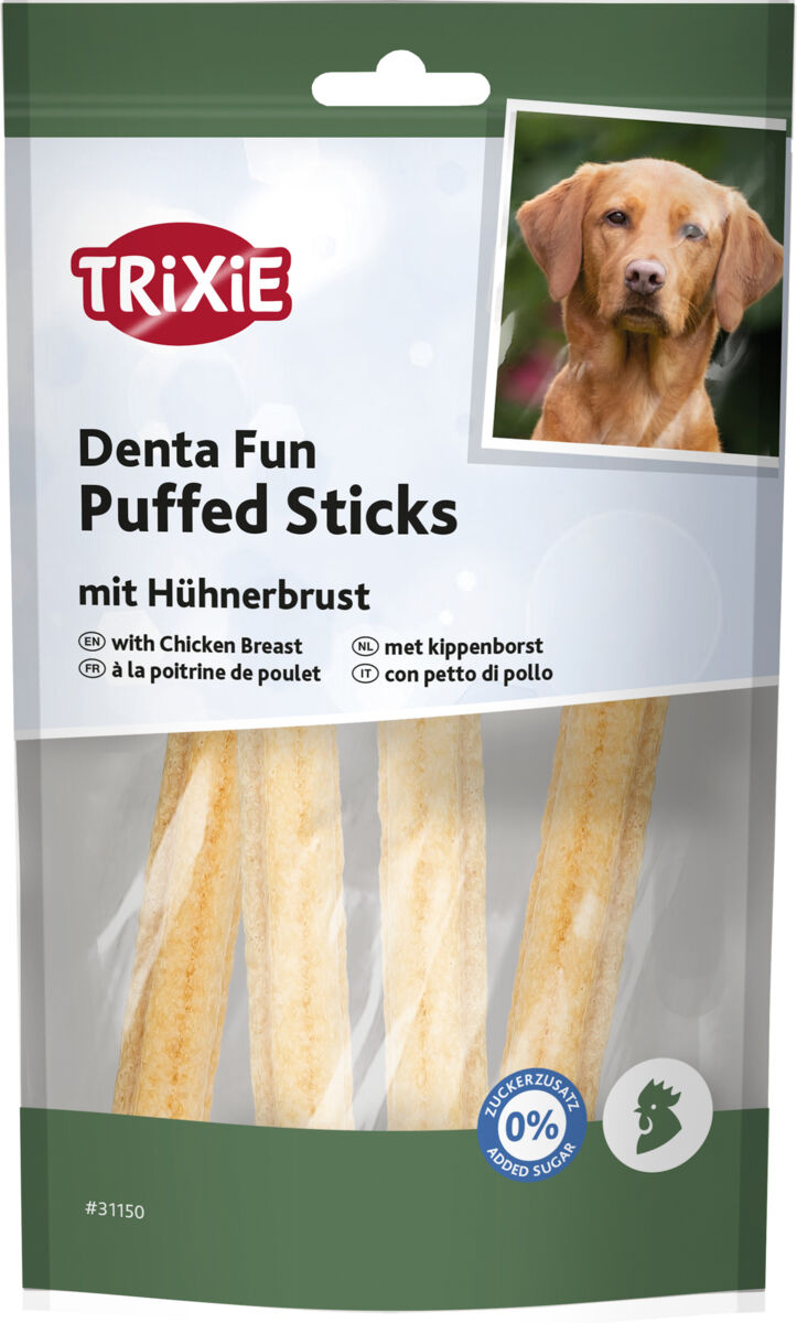Verpackung von Trixie Denta Fun Puffed Sticks mit Hühnerbrust, Bild eines Hundes, grüne und weiße Farben.