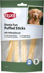 Verpackung von Trixie Denta Fun Puffed Sticks mit Hühnerbrust, Bild eines Hundes, grüne und weiße Farben.