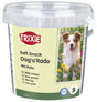Behälter mit Trixie Soft Snacks Dog'o'Rado mit Huhn, Abbildung eines Hundes und Text in mehreren Sprachen.