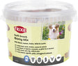 Plastikbehälter mit Soft Snack Bony Mix von Trixie, Zutaten: Rind, Lamm, Huhn, Wild, Lachs, Bild eines Hundes.