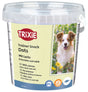 Plastikbehälter mit Aufdruck "TRIXIE Trainer Snack Dots mit Lachs", zeigt Bild eines Hundes auf Blumenwiese.