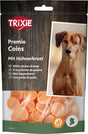 Verpackung von Trixie Premio Coins mit Hühnerbrust, zeigt Hund und orangefarbene runde Leckerli im Inneren.