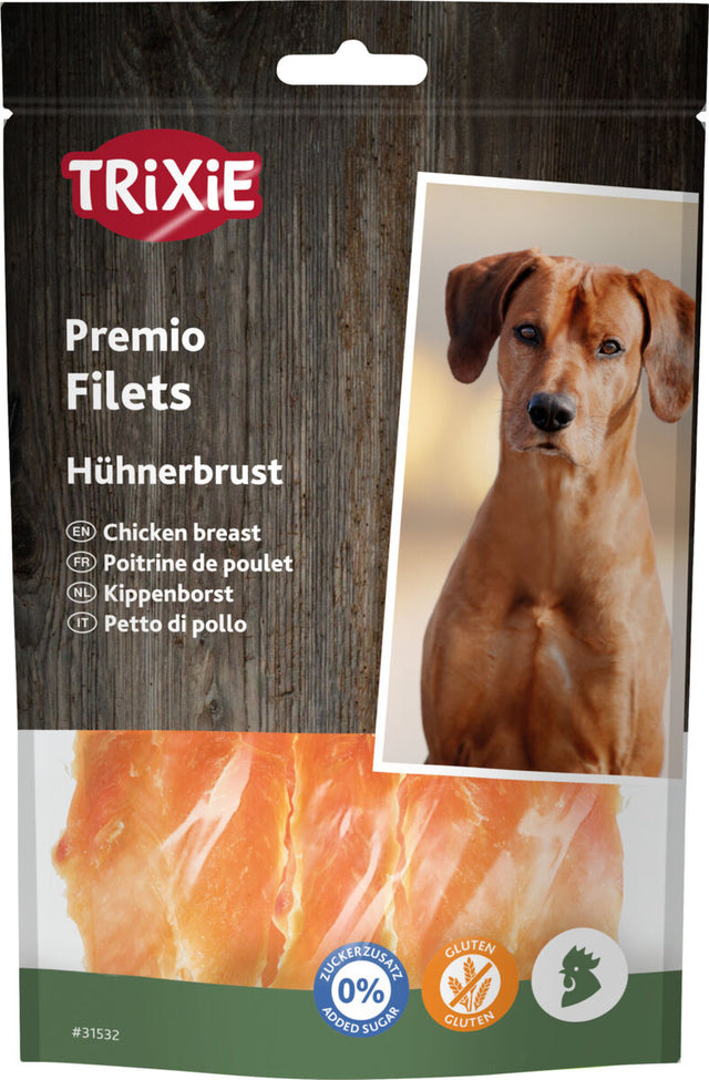 Hundesnacks-Verpackung von TRiXiE mit Hühnerbrust, Bild eines Hundes rechts, Texte in mehreren Sprachen, glutenfrei.