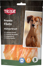 Hundesnacks-Verpackung von TRiXiE mit Hühnerbrust, Bild eines Hundes rechts, Texte in mehreren Sprachen, glutenfrei.