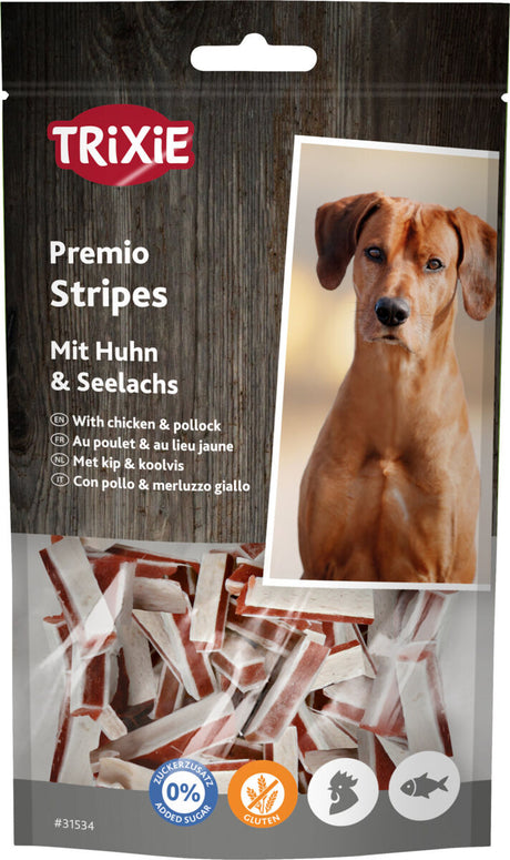 Verpackung von Hundesnacks der Marke Trixie mit Huhn und Seelachs, abgebildeter Hund, Text in mehreren Sprachen.