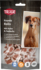 Hundesnack-Verpackung mit Aufschrift "Trixie Premio Rolls" und Geschmacksrichtung Huhn und Seelachs sowie einem Foto eines Hundes.
