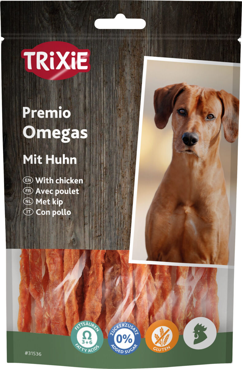 Tüte mit Hühner-Leckerlis der Marke Trixie, Premio Omegas, zeigt Hundebild, grenzt an Holzoptik.