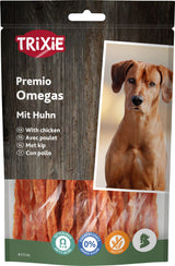 Tüte mit Hühner-Leckerlis der Marke Trixie, Premio Omegas, zeigt Hundebild, grenzt an Holzoptik.