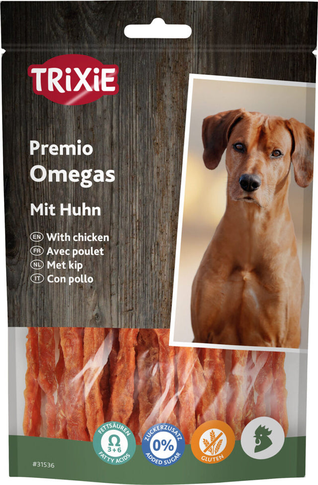 Tüte mit Hühner-Leckerlis der Marke Trixie, Premio Omegas, zeigt Hundebild, grenzt an Holzoptik.