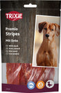 Hundeleckerli-Verpackung mit dem Produktnamen "Trixie Premio Stripes Mit Ente", einem Hundebild, Enten-Icon und Hinweisen zu glutenfrei und zuckerfrei.