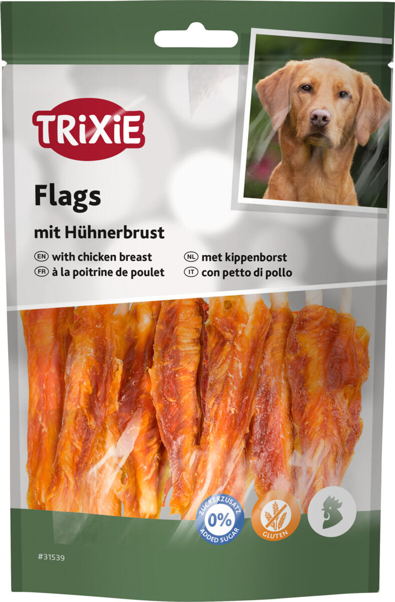 Hundertebeutel mit getrocknetem Hühnerbrustfilet dargestellt, Markenlogo "Trixie" oben, Hundebild rechts.